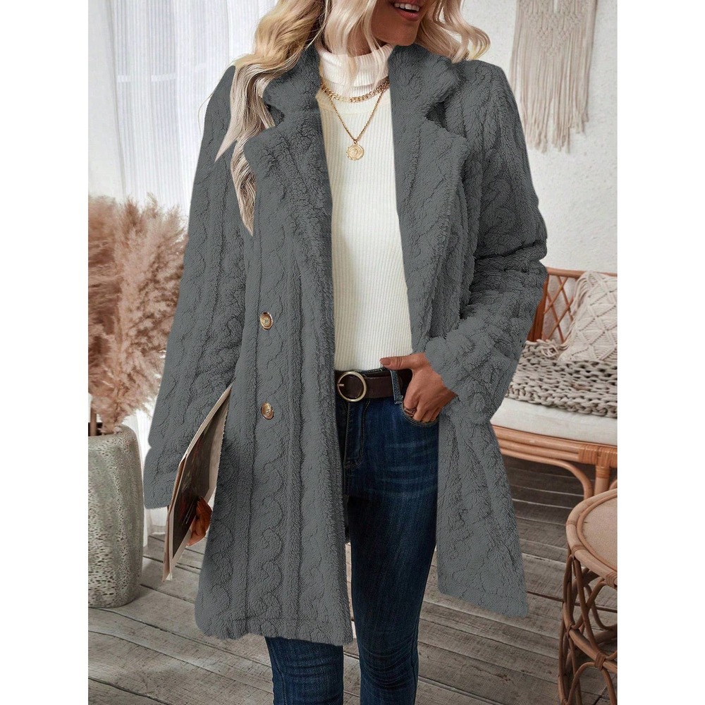minimalist Double Breasted Lapel collar ribbed knit teddy Coat - Picture 7 of 11